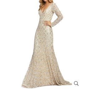 Mac Duggal Lattice Sequin Long-Sleeve Gown